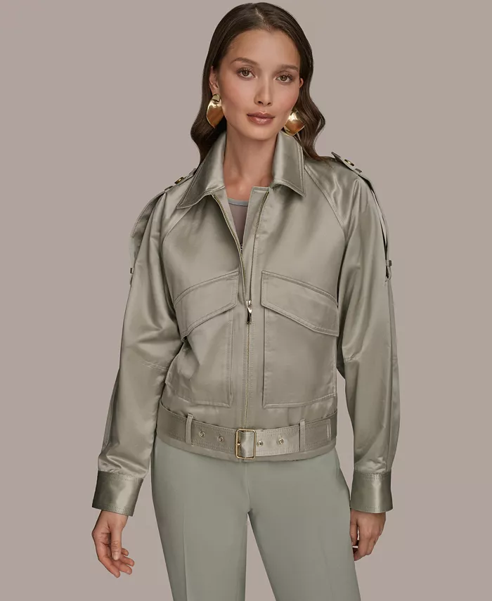 

Женская атласная куртка с поясом и застежкой-молнией спереди Donna Karan New York, зеленый