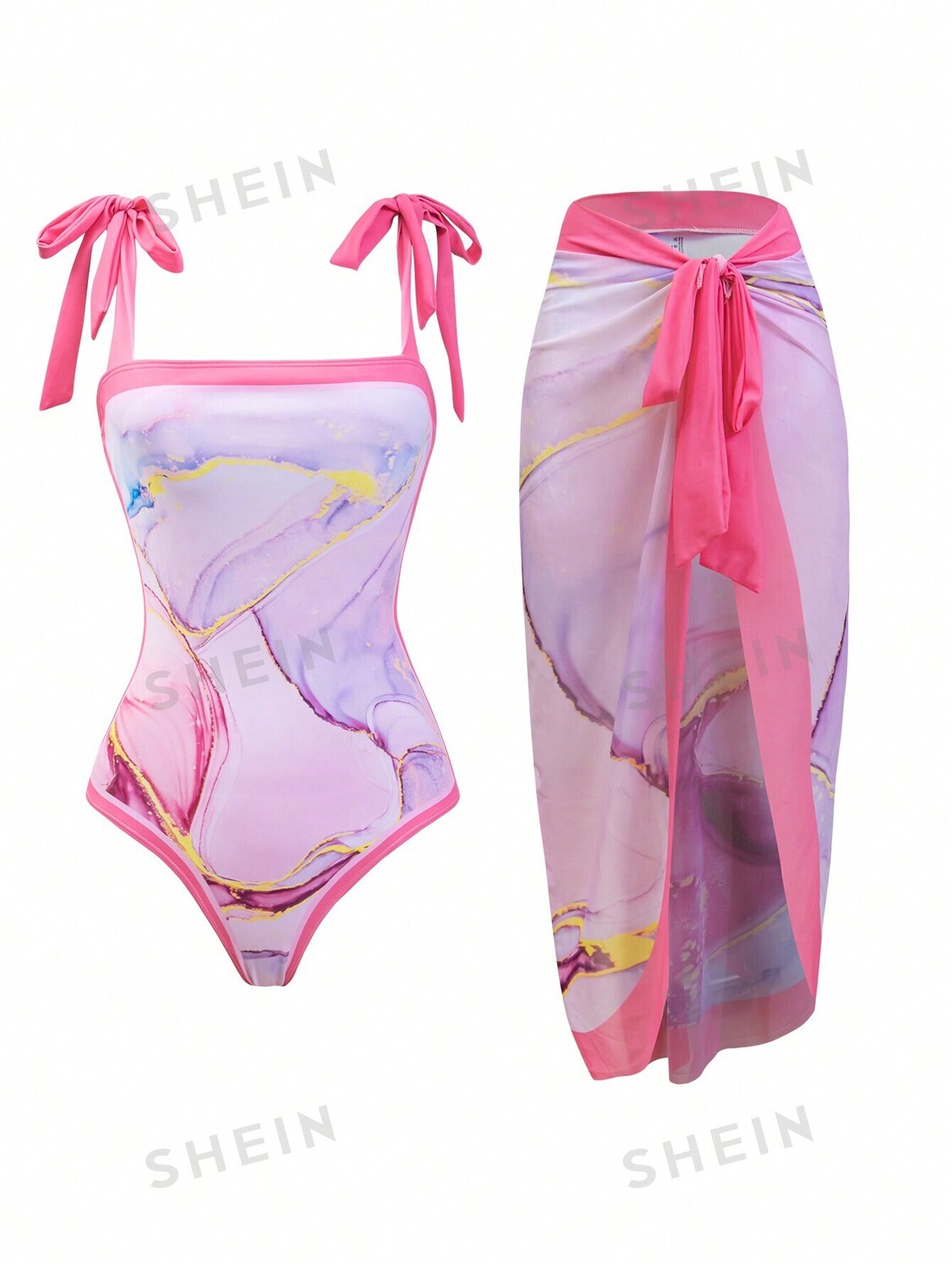 

Купальник цельный Shein Swim Vcay с парео, розовый / сиреневый