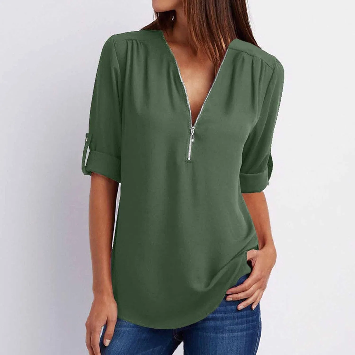 Generic Going Out Tops for Women Causal Dressy Solid 3/4 Sleeve Half Zip Semi Formal Work Shirt Elegant Ladies Summer Clothes, #F01-Army Green — фото 2