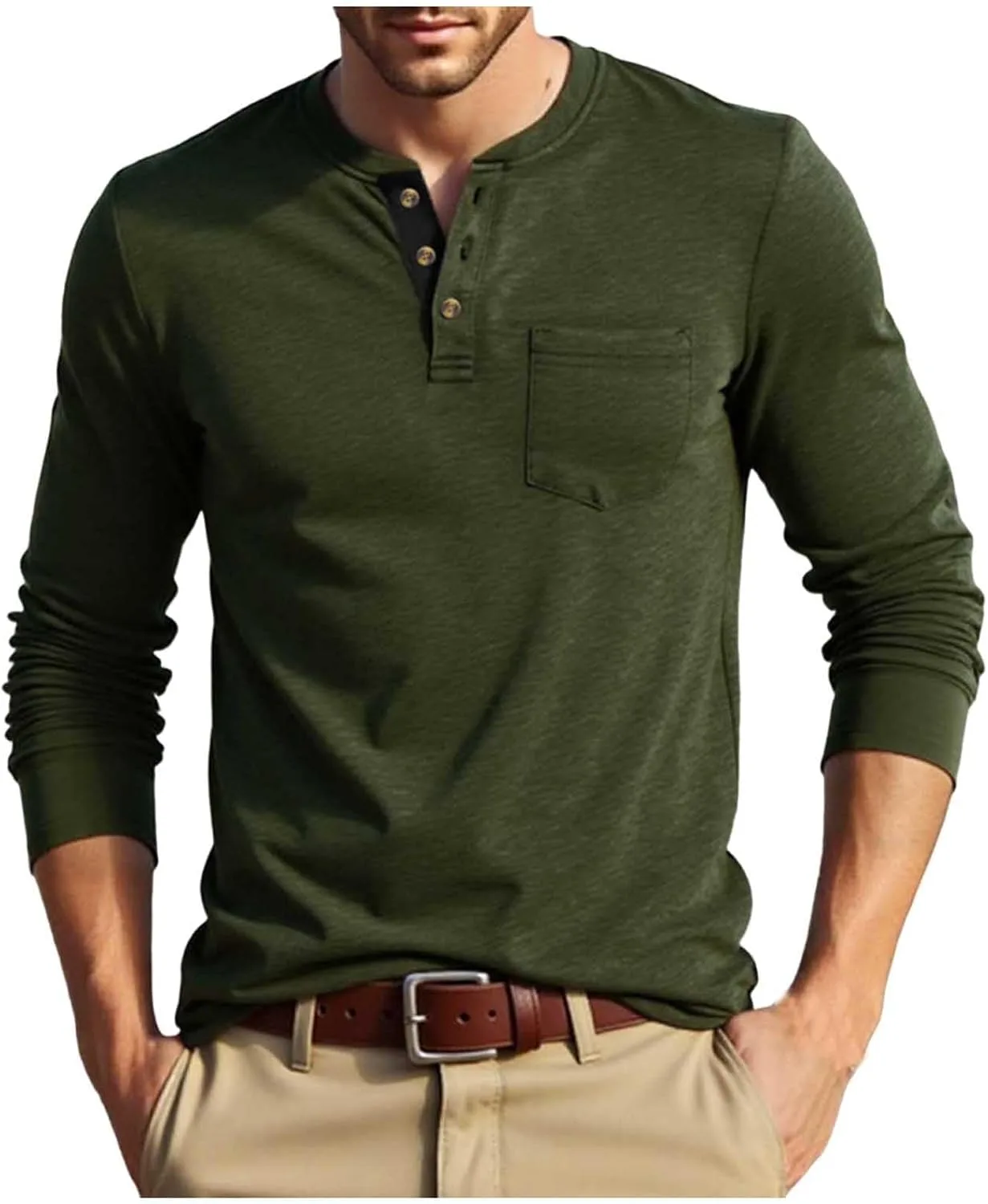

Мужская футболка Henley с длинным рукавом и карманом, 3 пуговицы, влагоотводящая