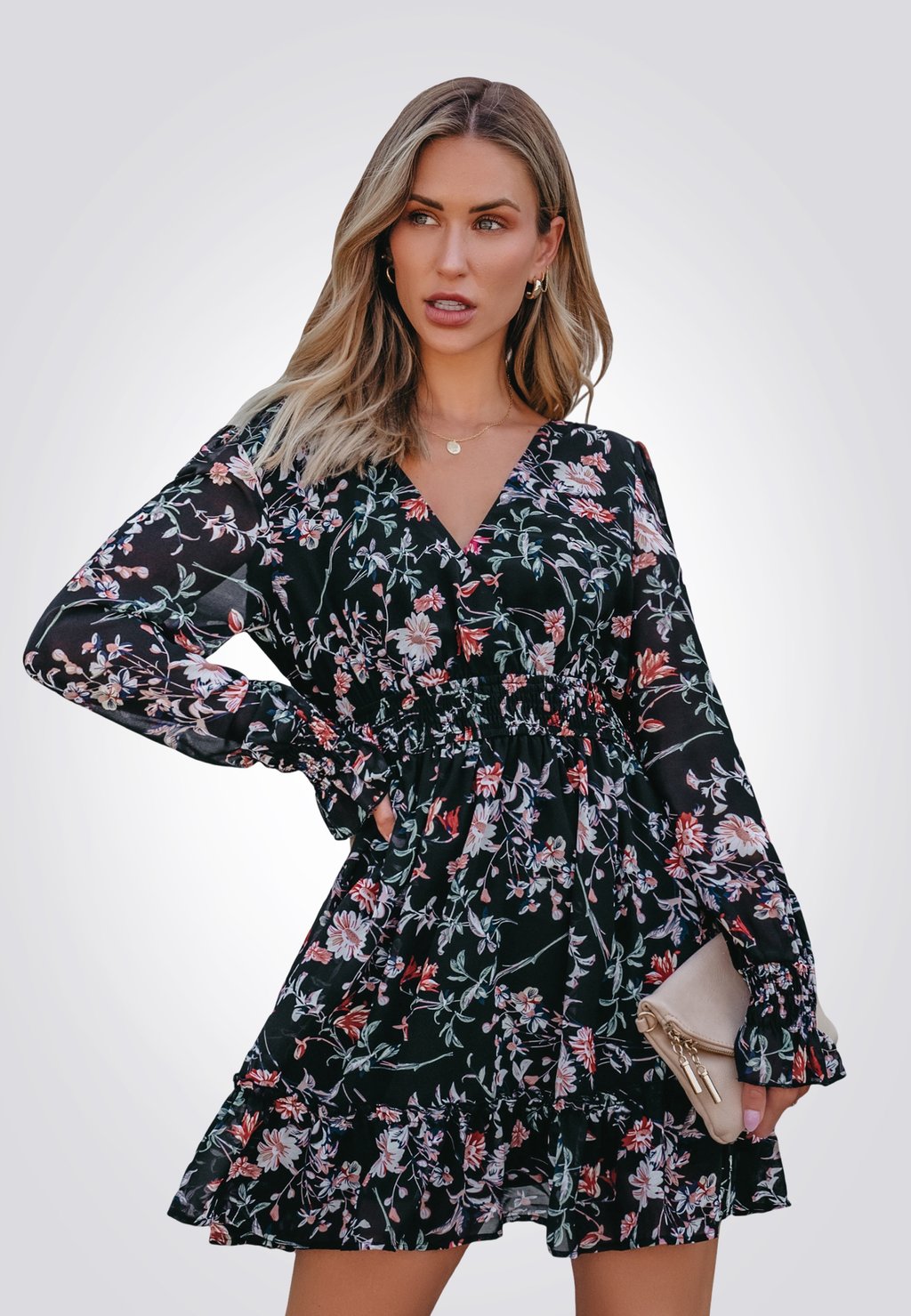

Повседневное платье FLORAL SURPLICE BLOUSON SLEEVE MINI Cupshe, черный