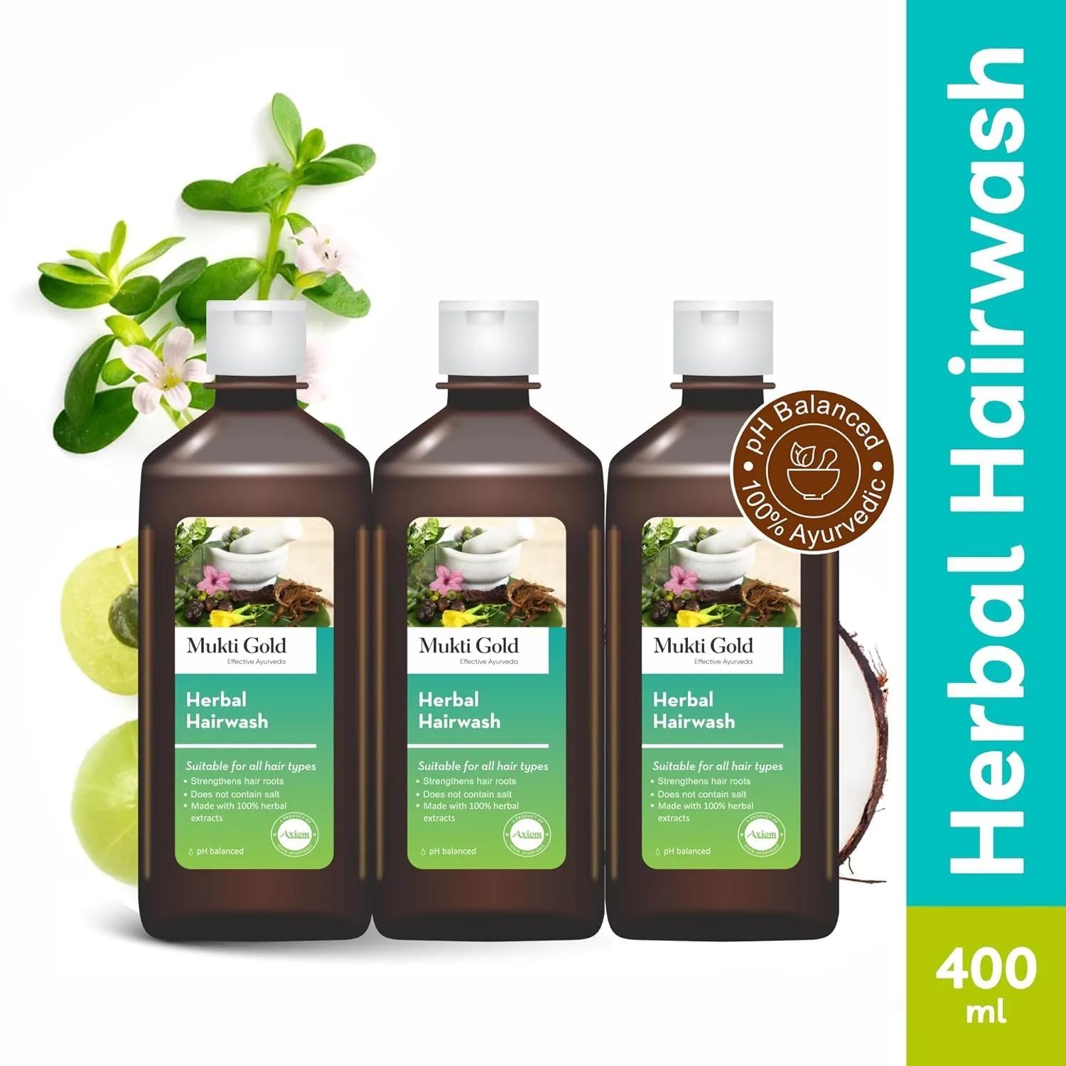 Mukti gold Herbal Hairwash 400 мл семейная упаковка (набор из 3 шт) укрепляет корни волос, не содержит соли, 100% натуральные растительные экстракты, сертифицировано WHO-GLP, GMP, ISO 333 мл (3 шт.) Axiom, Gold — фото 2