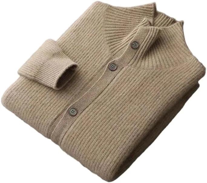 

Мужской кардиган из кашемира с воротником-стойкой и крупной вязкой