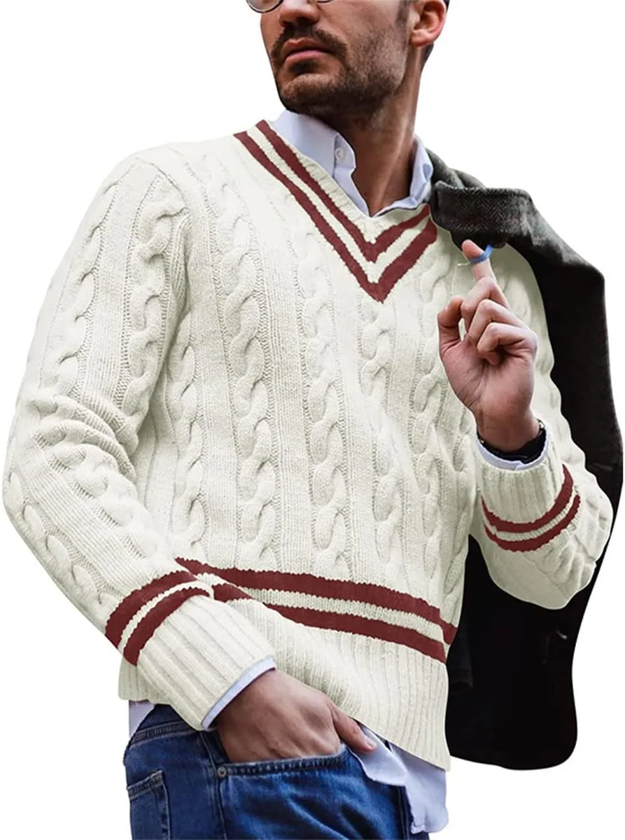 

Мужской свитер V-образным вырезом вязаный с кабельным узором и цветными блоками TACSTRUN