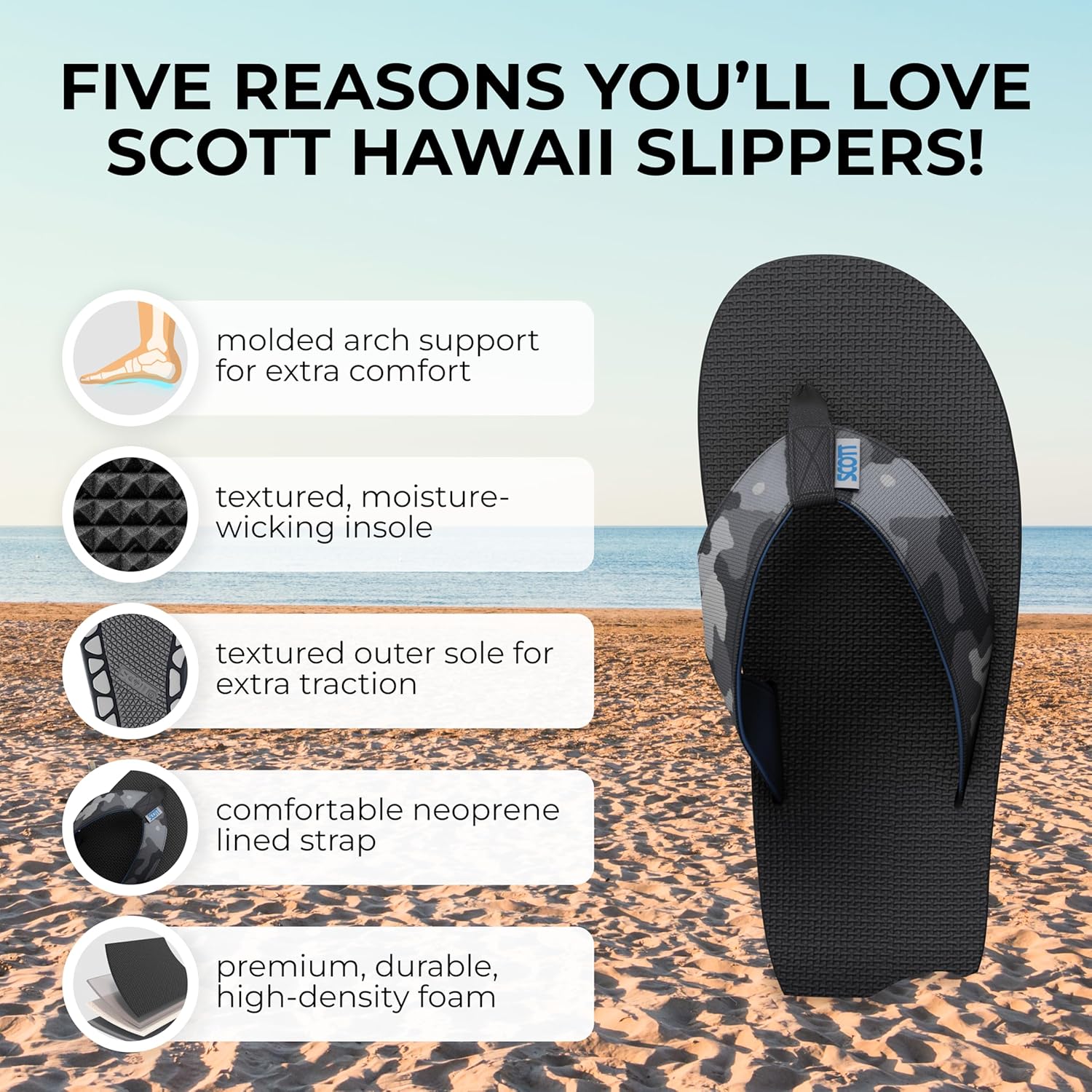 Мужские сандалии Scott Hawaii Manoa, Подошва для любых поверхностей, Литой свод с тыльной поддержкой, Лямка с неопрена для комфорта в течение всего дня, Походные вьетнамки, черный — фото 2