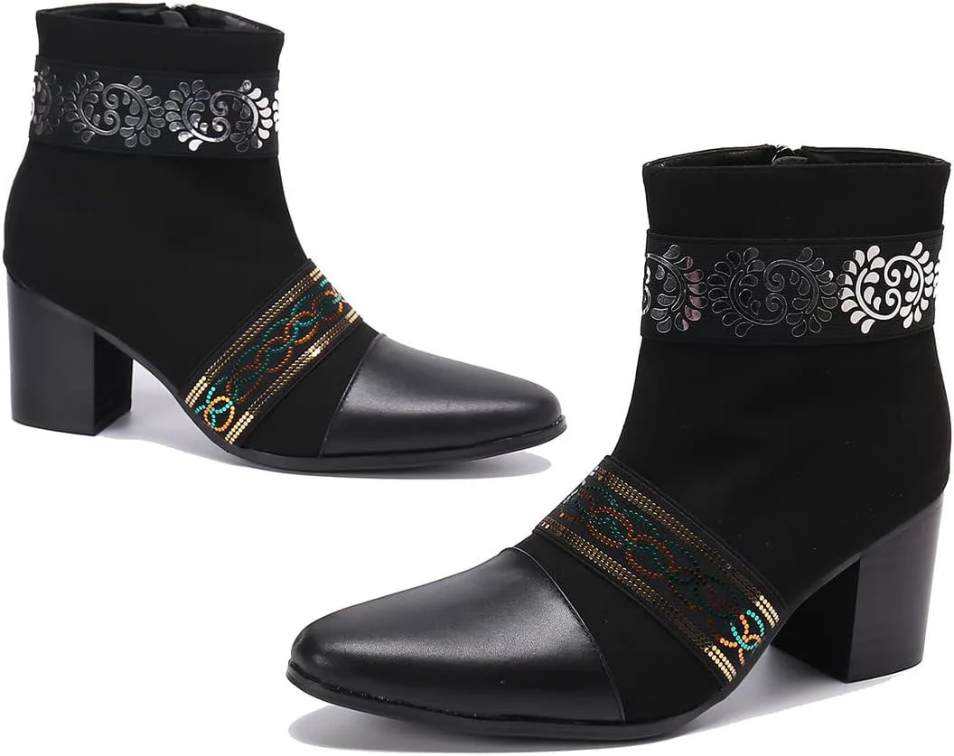 

Мужские повседневные западные ботинки Chelsea Santimon Mens - аутентичные кожаные ковбойские ботинки на щиколотку с молнией и вышитой цепочкой для вечеринок, дискотеки и свадеб, черный