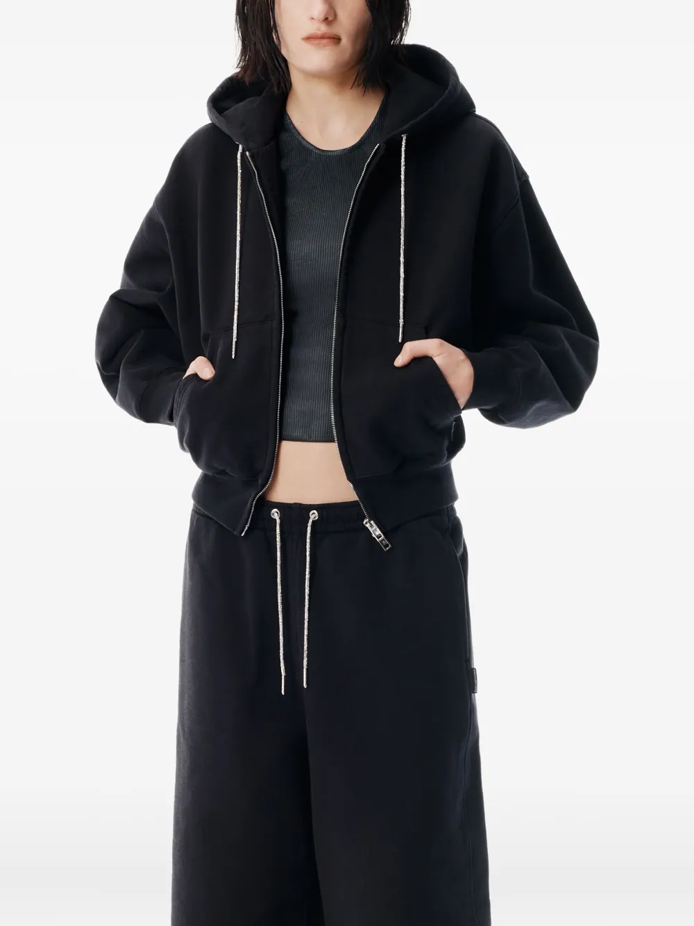 Толстовка с капюшоном на молнии со стразами и затягивающимся шнурком Alexander Wang, черный — фото 4