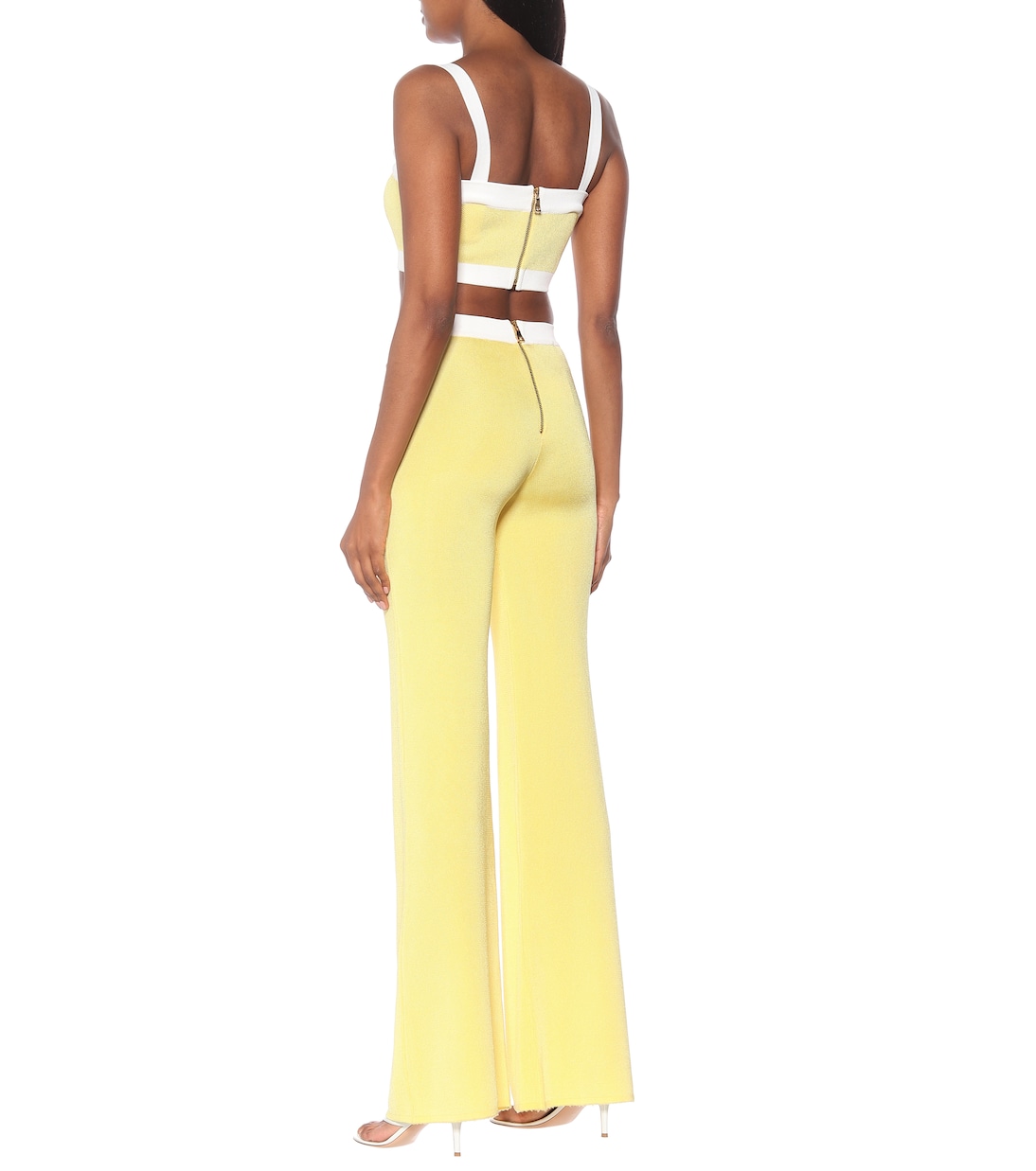 Трикотажные расклешенные брюки с высокой талией Balmain, Jaune/Blanc — фото 3