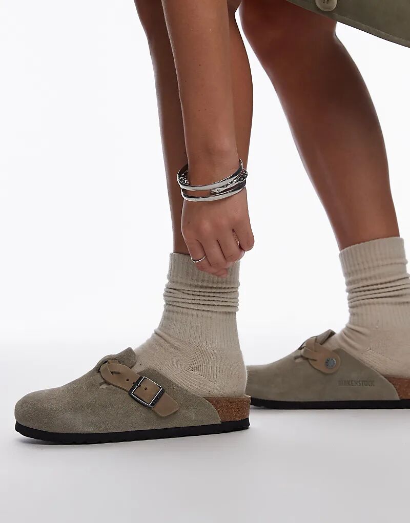 Узкие плетеные сабо Birkenstock Boston серо-коричневого цвета — фото 4