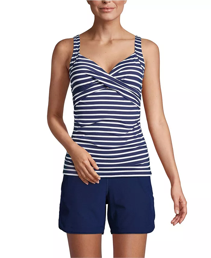 

Женский удлиненный топ-танкини с V-образным вырезом и запахом на косточках Lands' End, синий