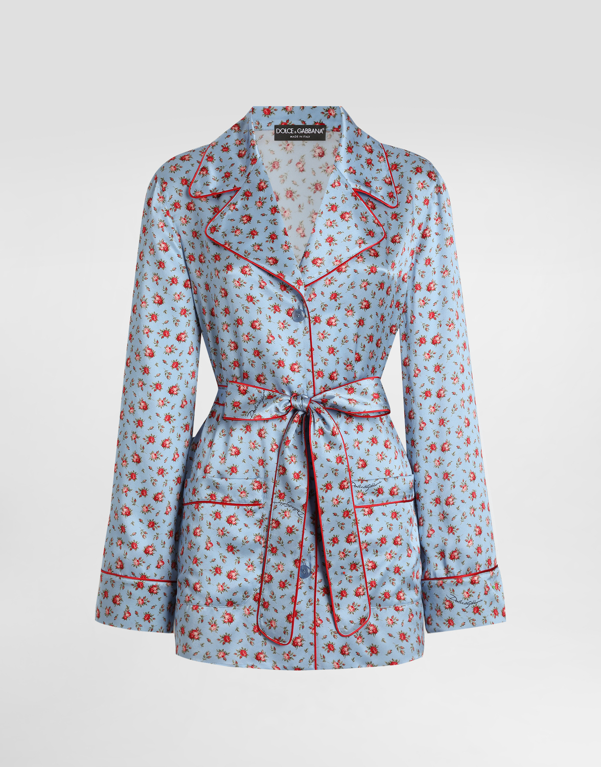 

Шелковая сорочка с мелким принтом роз и элементами в стиле "ванити" DOLCE & GABBANA, мультиколор