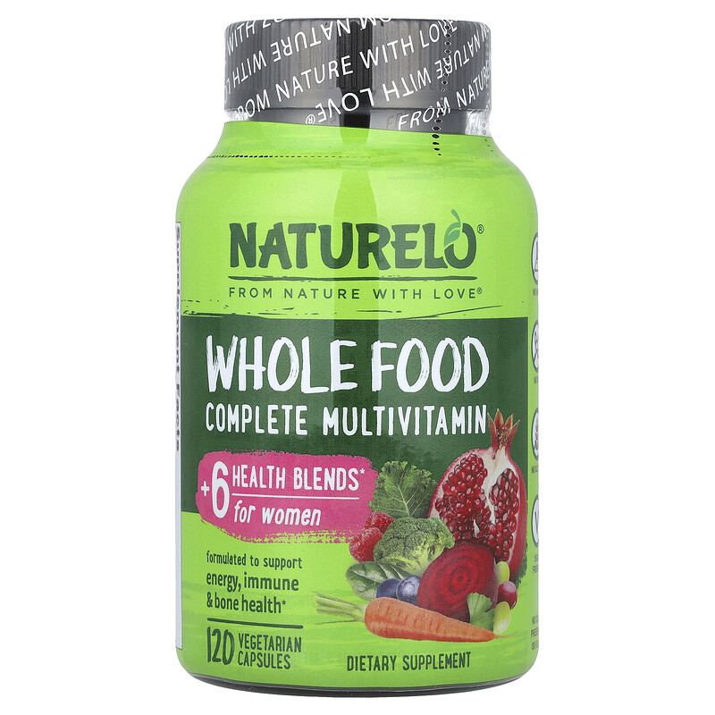 

NATURELO, Полный мультивитаминный комплекс из цельных продуктов, для женщин, 120 вегетарианских капсул