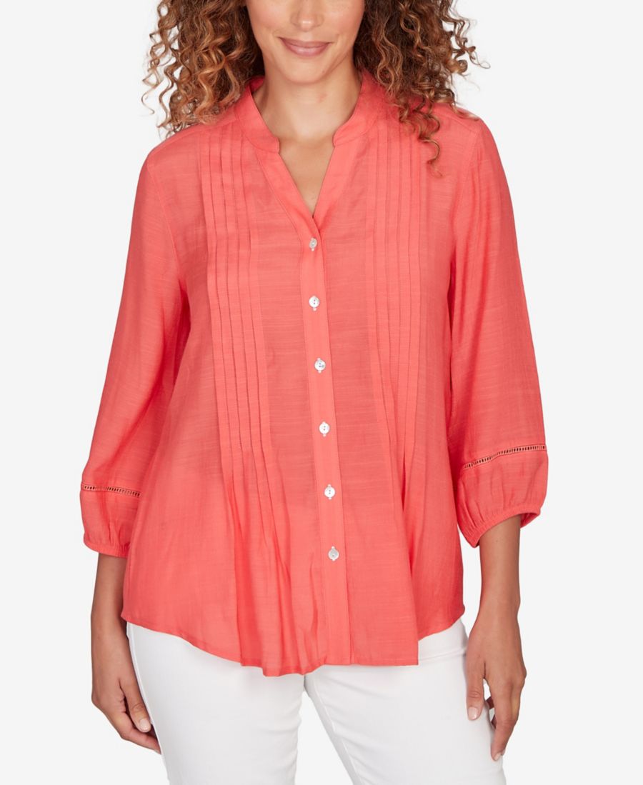 

Небольшой однотонный шелковистый топ с плиссировкой и застежкой на пуговицы спереди Ruby Rd, Deep Coral