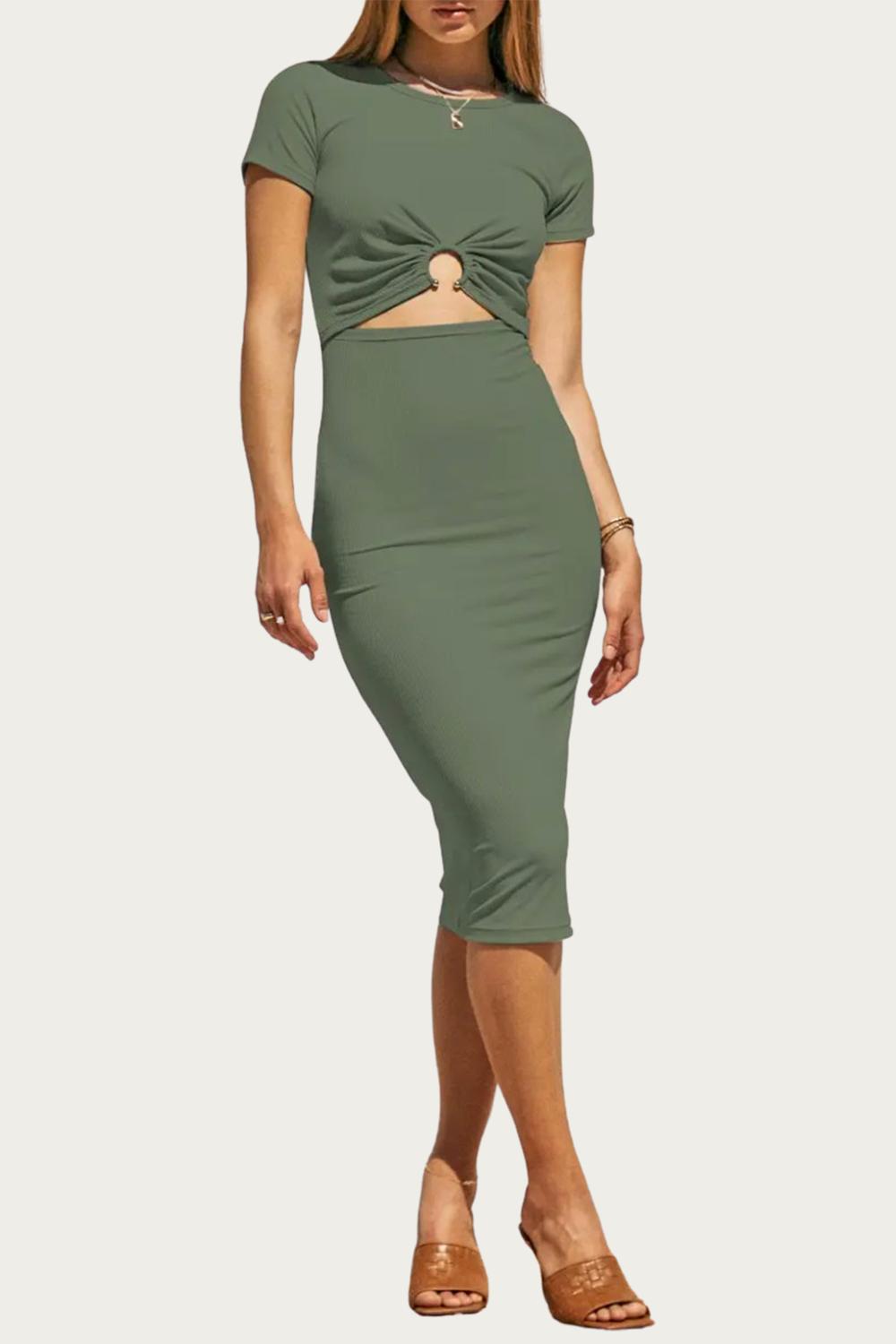 

Платье миди в рубчик с короткими рукавами в цвете Moss Green ENDLESS BLU.