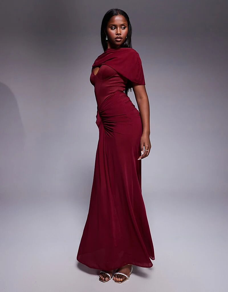 

Платье макси ASOS DESIGN Premium для красной дорожки с накладным корсетом и синхронизированными бедрами в ягодном цвете