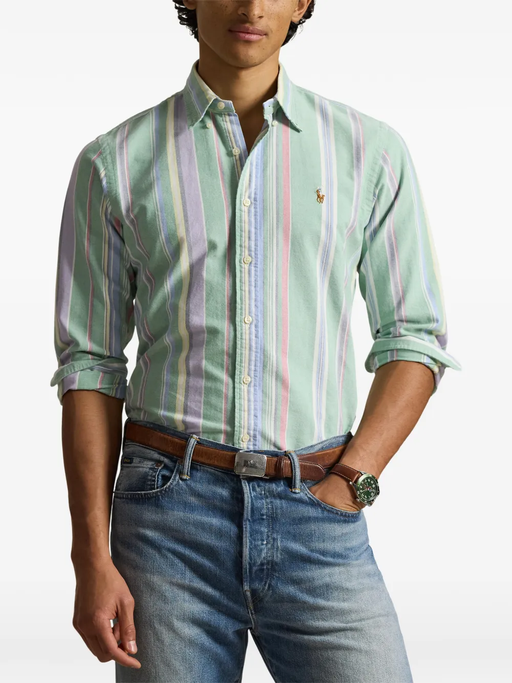 Полосатая рубашка с длинными рукавами POLO RALPH LAUREN, зеленый — фото 3