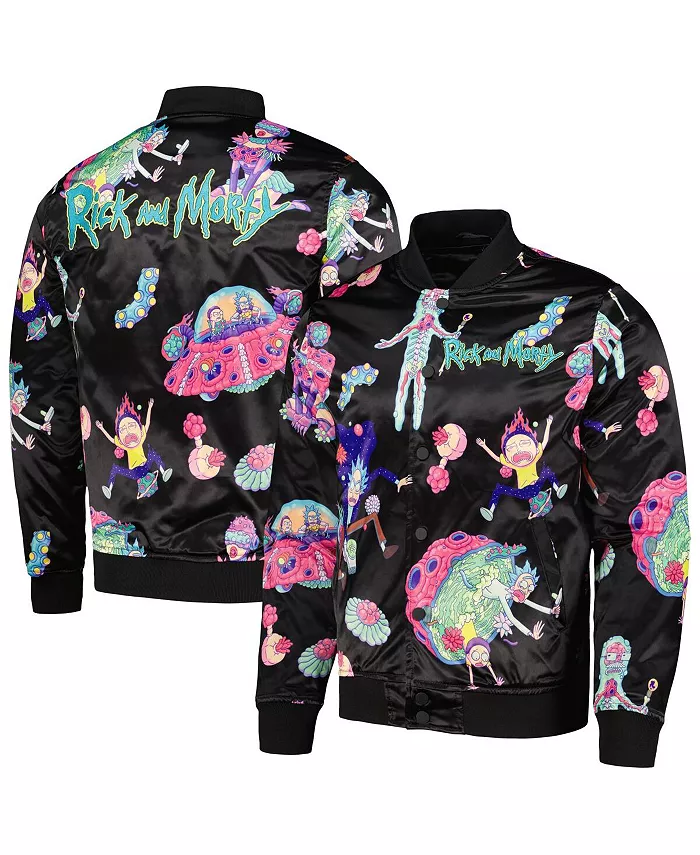 

Мужская черная атласная куртка на молнии с принтом Rick And Morty Freeze Max