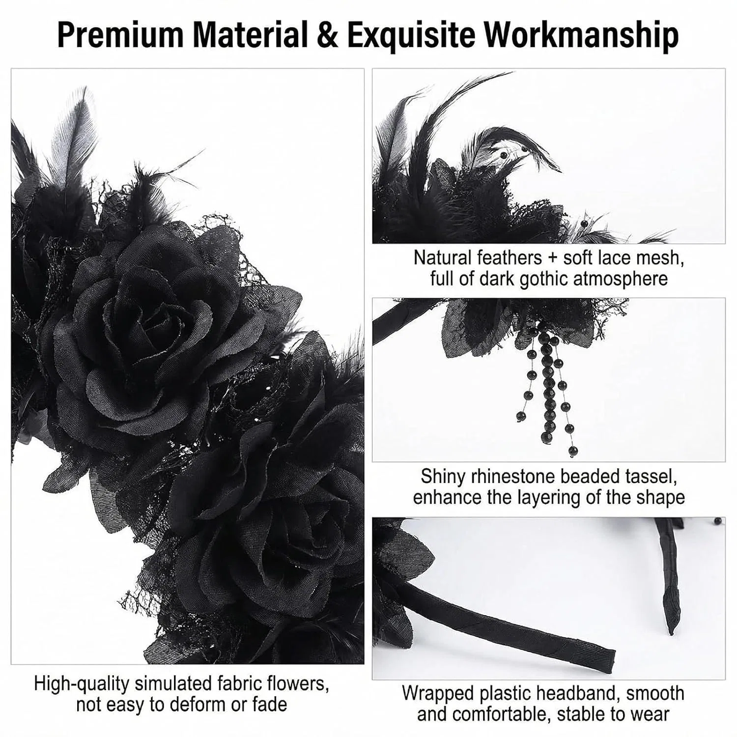 Ободок для волос Black Rose Mexican Flower Headband, черный Astrqle — фото 4