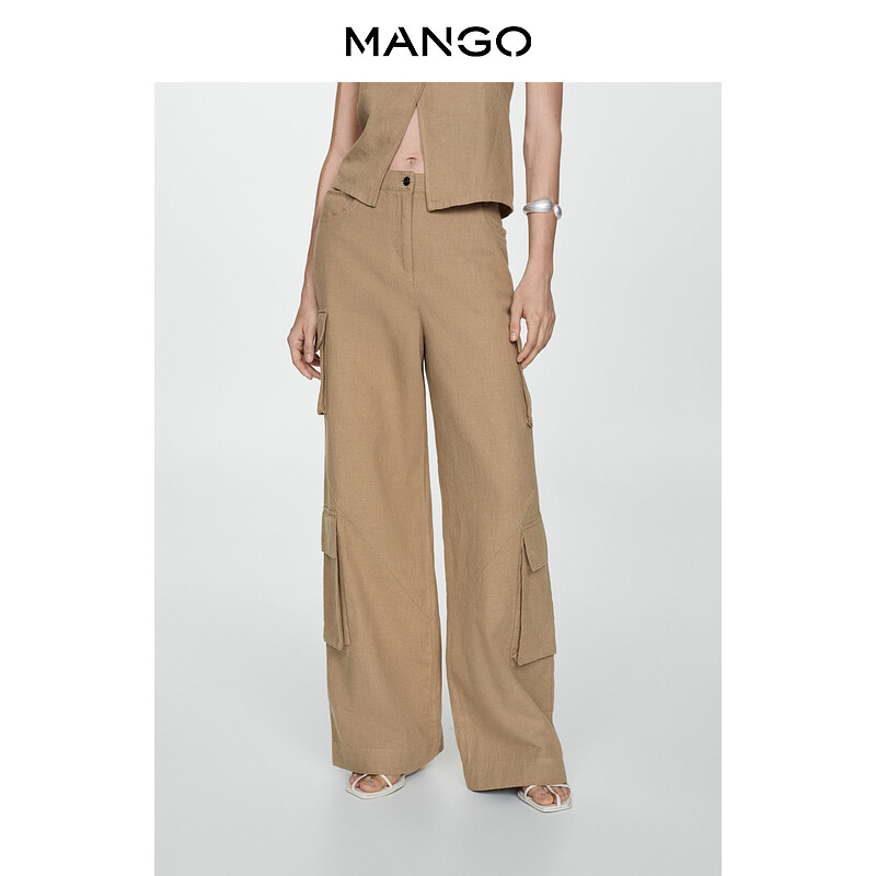 

Женские брюки Mango из смеси хлопка и льна, коричневый