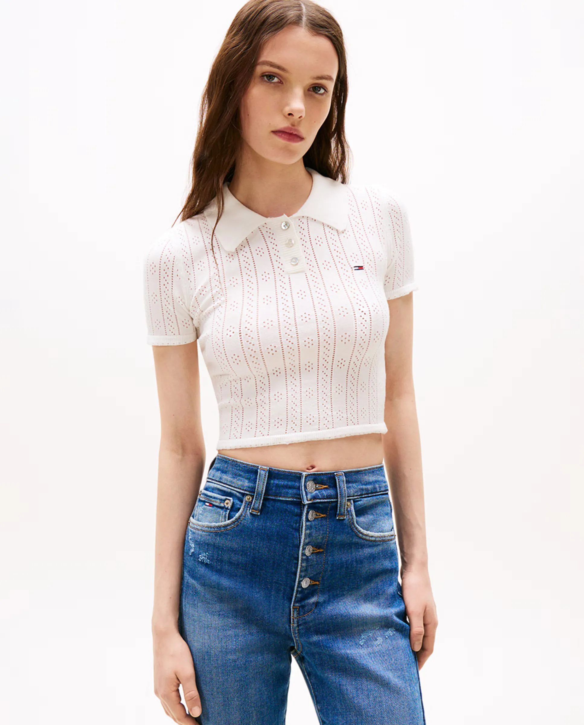 

Женская поло с ажурной вязкой pointelle Tommy Jeans, цвет Crudo