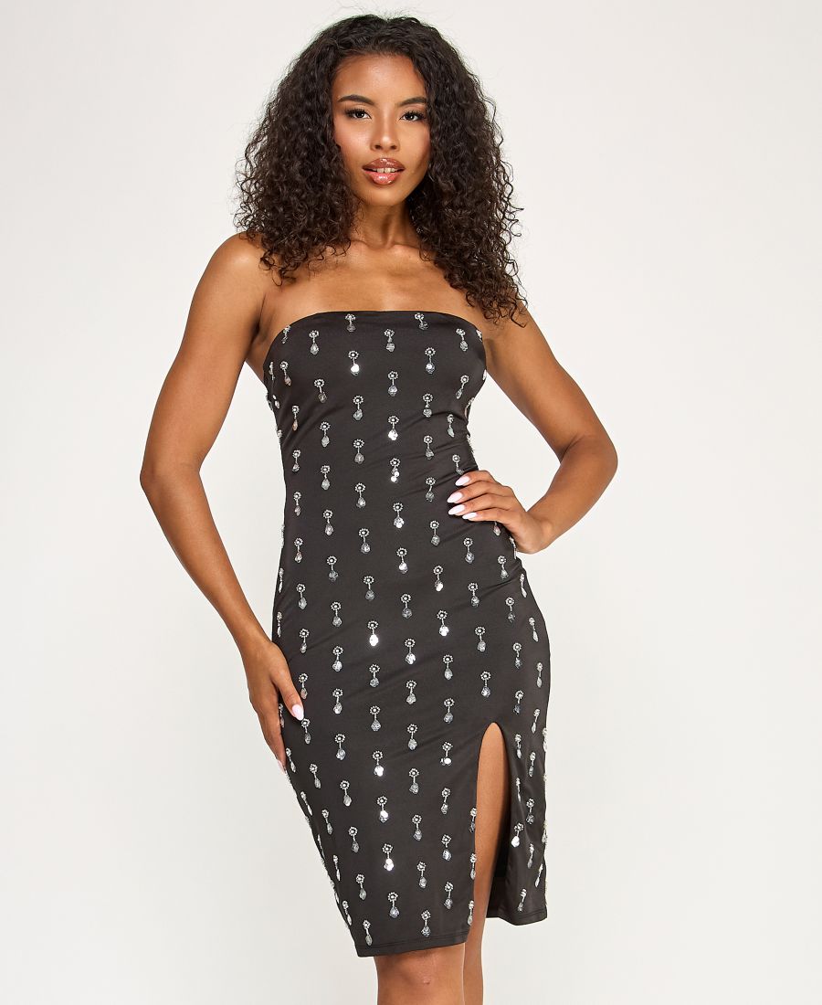 

Детское атласное платье миди без бретелей с бисером и спинкой SENI & CADE, BLACK