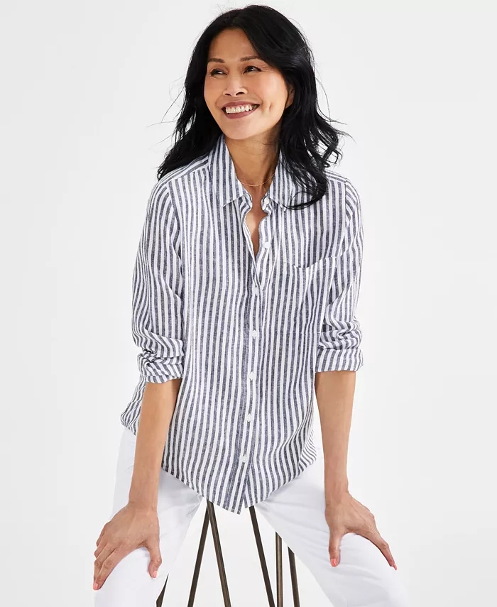 

Укороченная льняная рубашка в пляжную полоску Perfect Shirt Style & Co, синий
