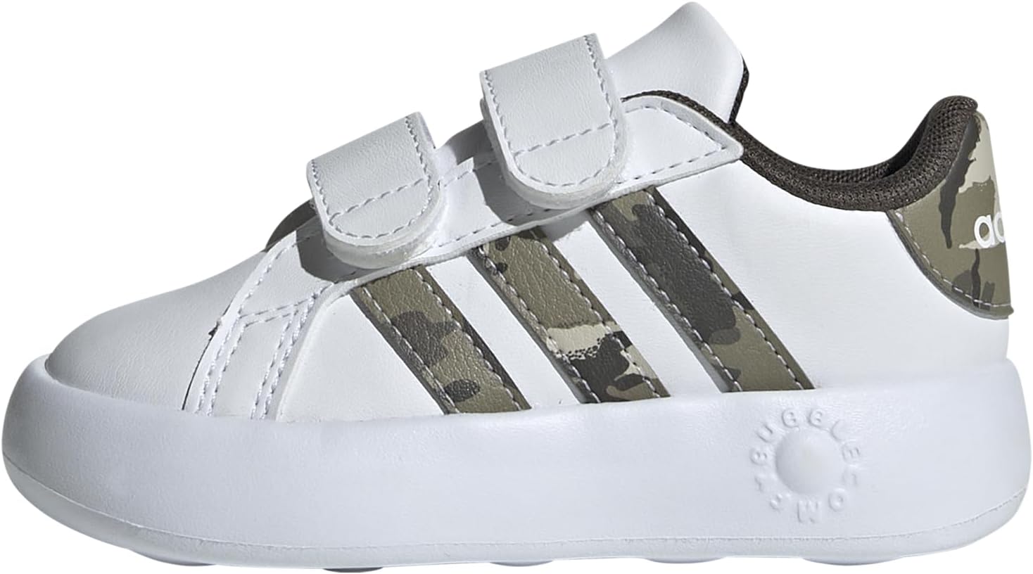 

Детские кроссовки Adidas Grand Court 2.0 унисекс с эластичными шнурками и ремешком, белый/серый/оливковый