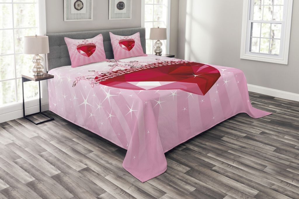 

ABAKUHAUS Комплект покрывала Queen, Red Heart Crown Girls, комплект с моющимися наволочками, для односпальных кроватей 220 x 220 см, розово-красный