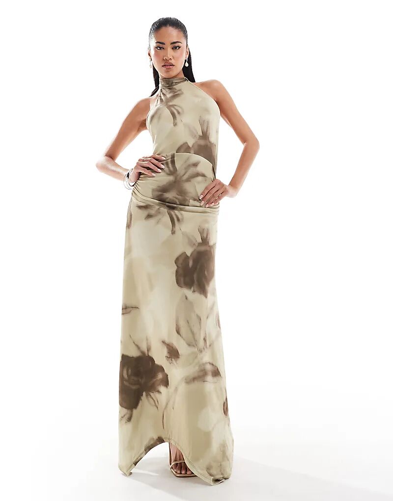 

Платье миди с асимметричным подолом и вырезом халтер в дымчато-цветочном стиле ASOS DESIGN