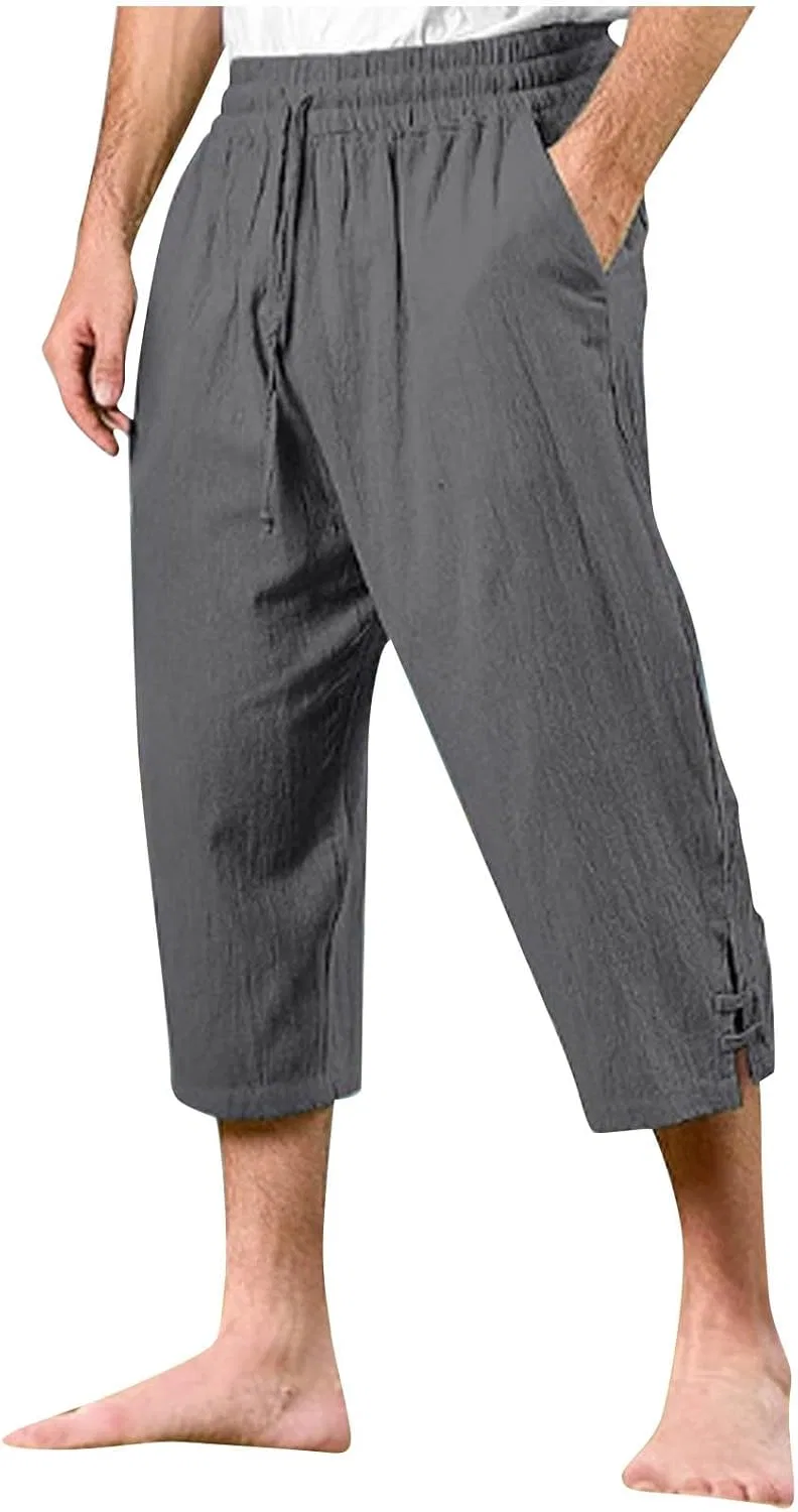 Мужские капри из льна и хлопка, свободный крой, на резинке, Dark Gray