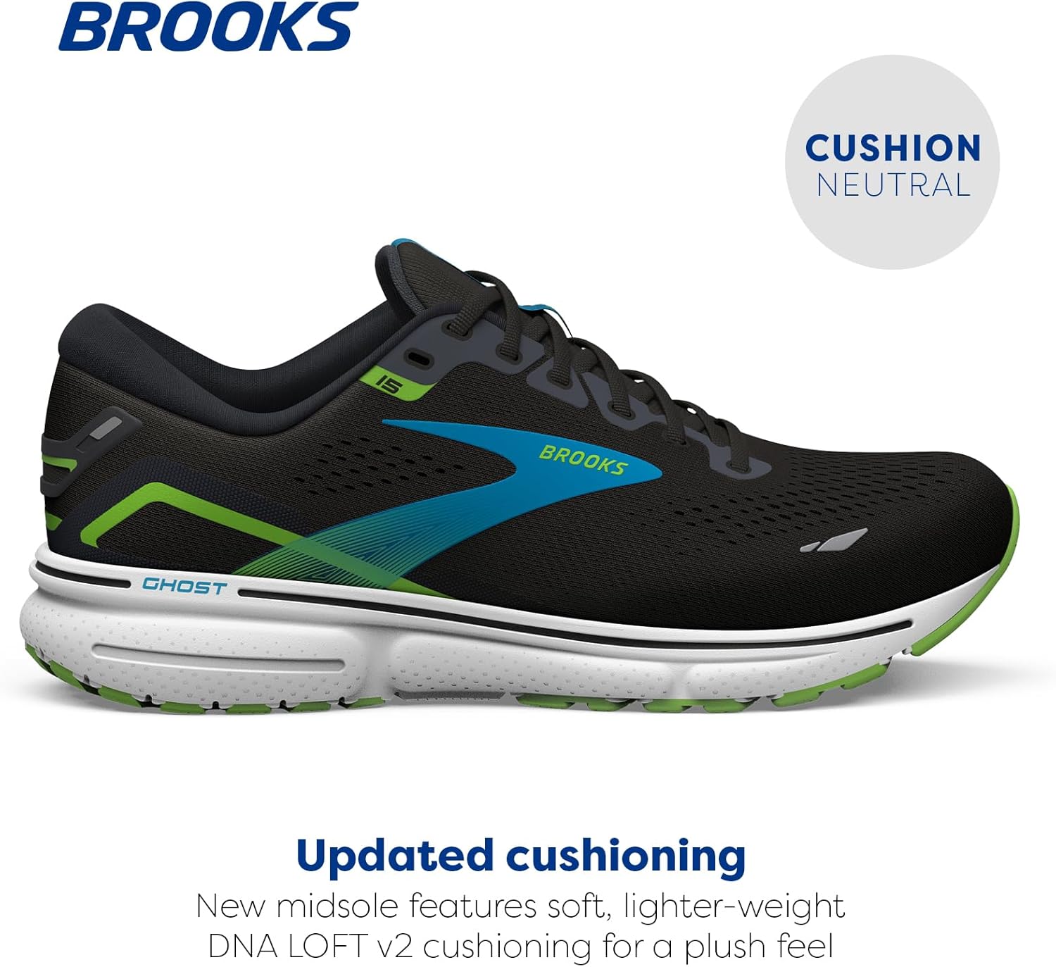 Мужские беговые кроссовки Brooks Ghost 15 - Средний, черный/зеленый — фото 2