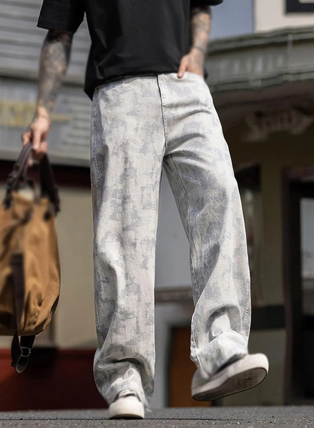 Джинсы свободные Men's Denim Pants Y2K Hip Hop Baggy Jeans Loose Fit Wide Leg Casual Streetwear Trousers Washed Hip Hop Pantses, Серый — фото 4