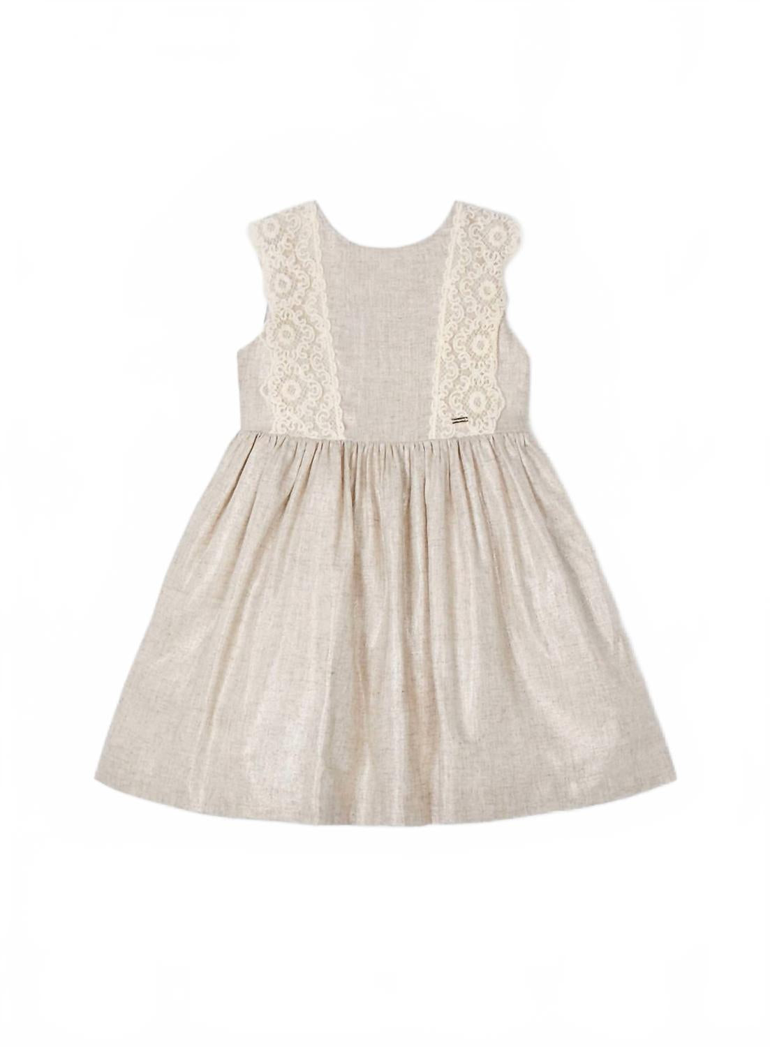 

Детское бежевое платье из льна с шиммером и кружевом Mayoral