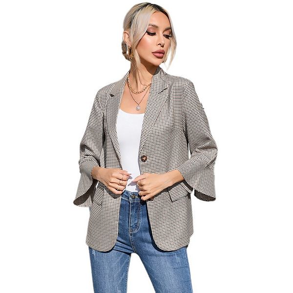 

Женский блейзер с 3/4 рукавом и лацканами на одну пуговицу для офиса Yesfashion, Brown Plaid