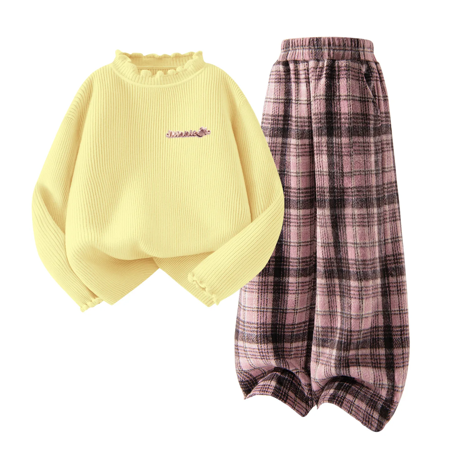 Детский спортивный комплект Casual Disney, [Thickened and Fleece-Lined]Di-Chang Metal Label K Dream Pink+Solid Color Pink Plaid — фото 4