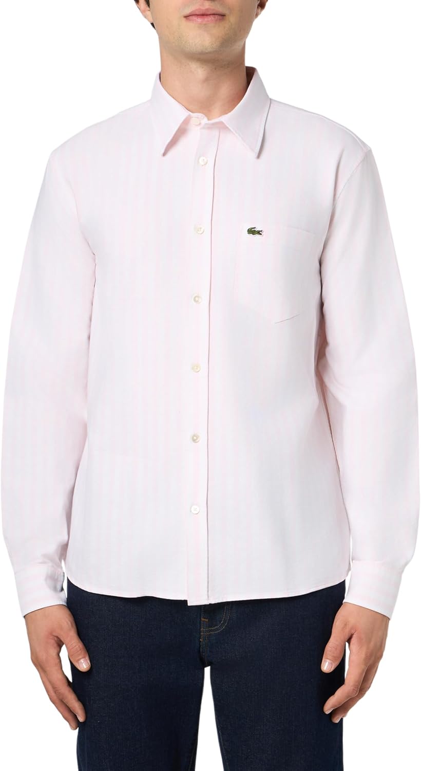 

Lacoste мужская рубашка с длинным рукавом в полоску, regular fit, из основной коллекции, White/Flamingo Oxford