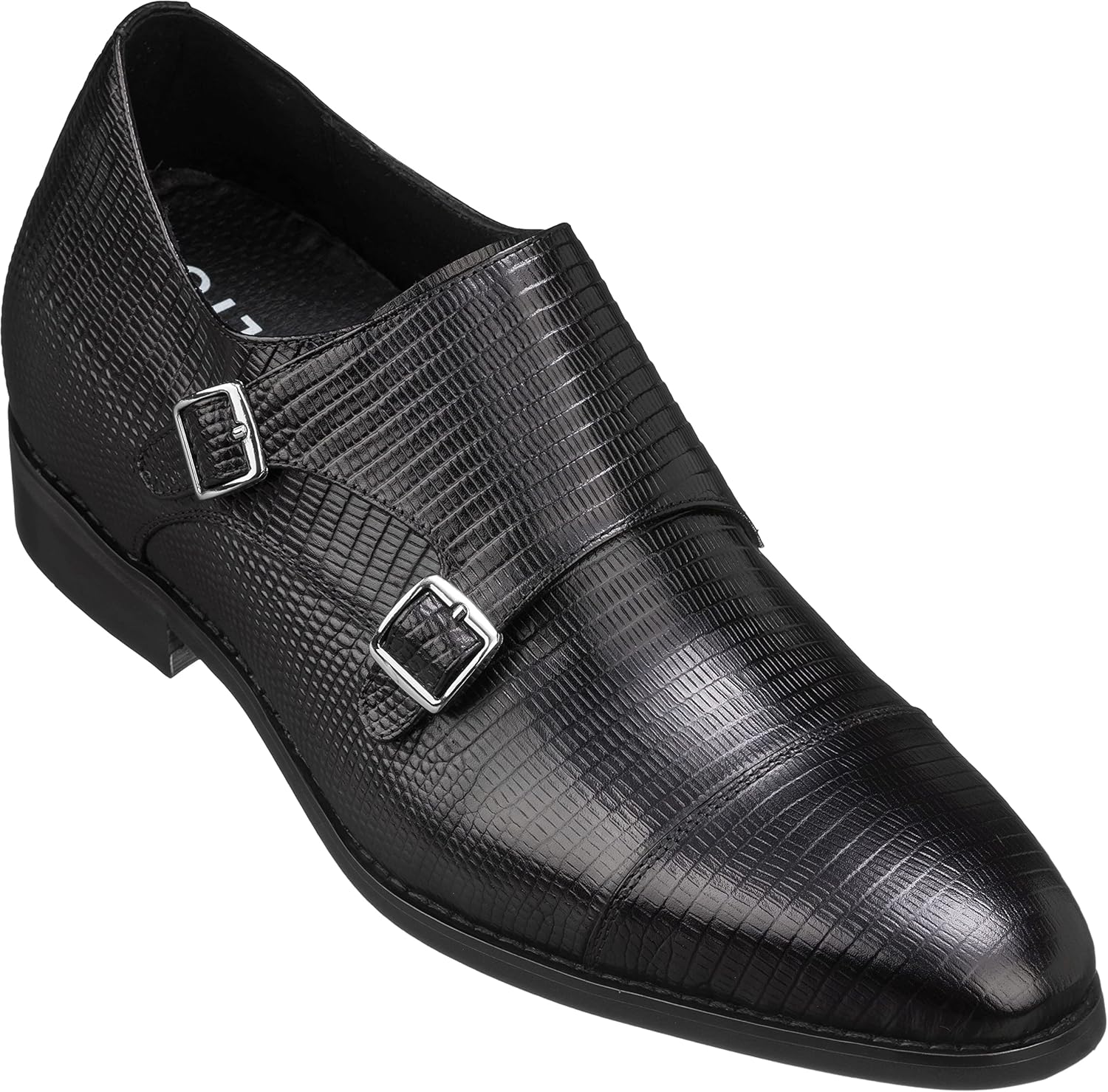 

Мужские невидимые туфли-лифтеры CALTO - черные кожаные слипоны с двойными ремешками-монками, формальные лоферы - увеличивают рост на 7-7,5 см - K3114 - размер 8,5 D(M) США