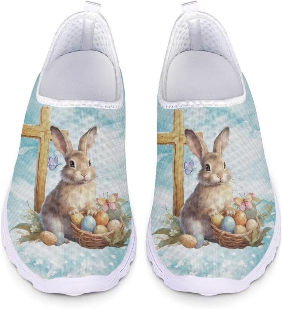 

Рождественские кроссовки Jeiento для женщин и мужчин, модные сетчатые спортивные кроссовки для повседневной носки, противоскользящие, дышащие тренеры сетчатые кроссовки, Easter Bunny＆cross