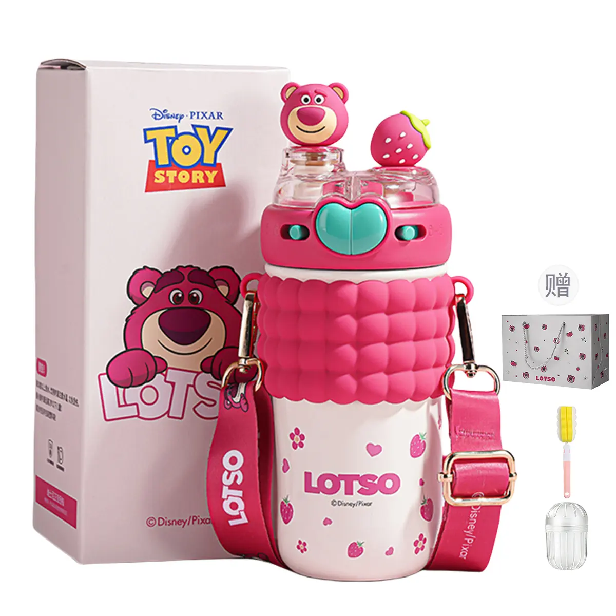 Детский термос Strawberry Bear Disney «Double Drink», 520 мл, Lotso + ершик, ситечко, пакет