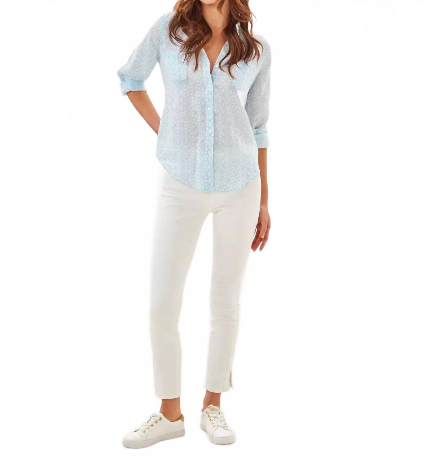 

Рубашка на пуговицах с видом на море - Plus из коллекции Bluette X Resort White с рисунком бабочек Lilly Pulitzer