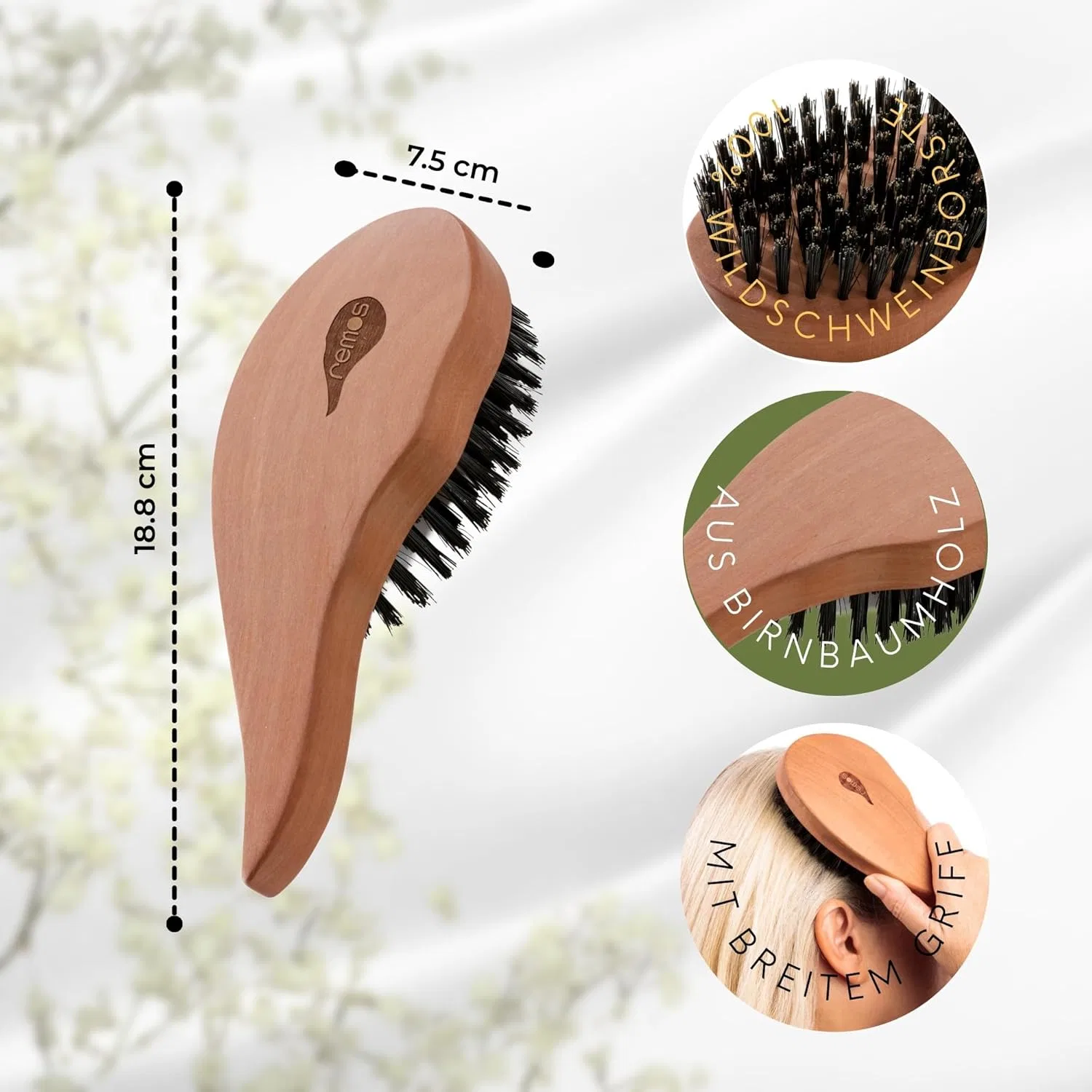 Щетка для волос remos из грушевого дерева с натуральной щетиной кабана Remos Professional Body Care, Brown — фото 3
