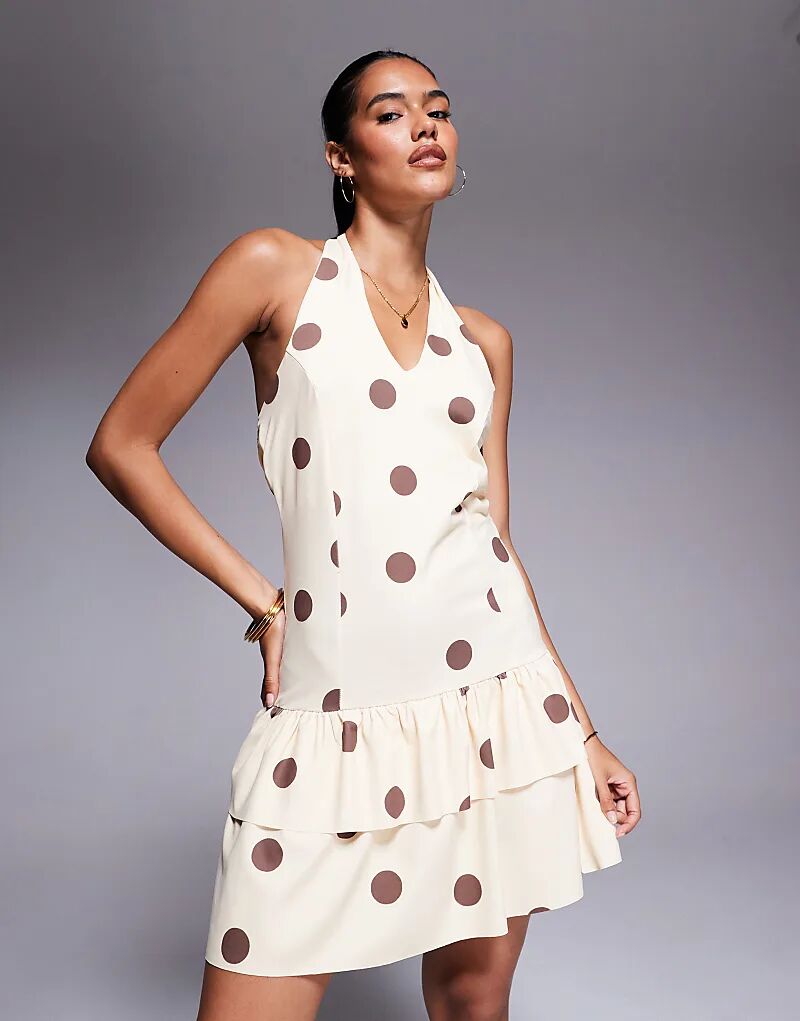 

Мини-платье ASOS DESIGN с лифом-халтер и оборками в нейтральный горошек
