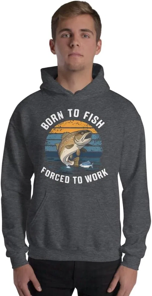 Толстовка унисекс с принтом "Born to Fish but Forced to Work", смешная ретро футболка для рыбалки Generic, Dark Heather
