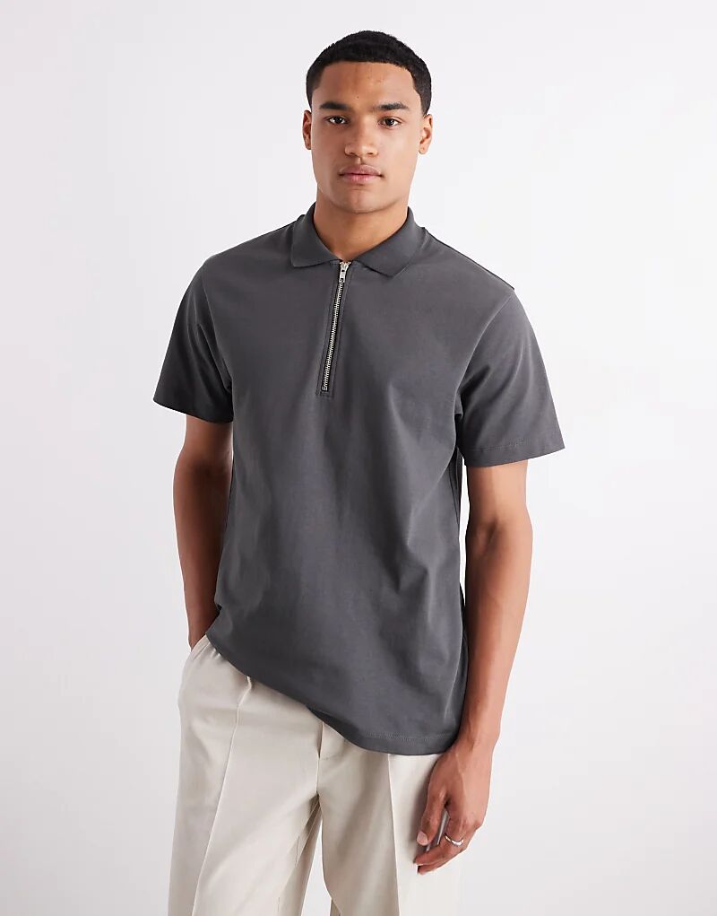 

Поло ASOS DESIGN из плотной ткани плотностью 240 г/м² с длинными рукавами, застежкой-молнией до середины бедра и вышитой отделкой темно-серого цвета