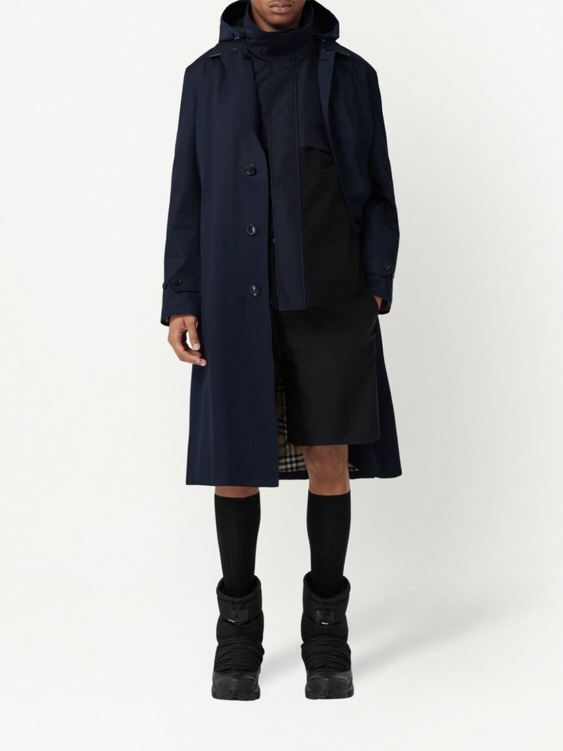 Пальто Burberry однобортное с капюшоном, темно-синее — фото 2