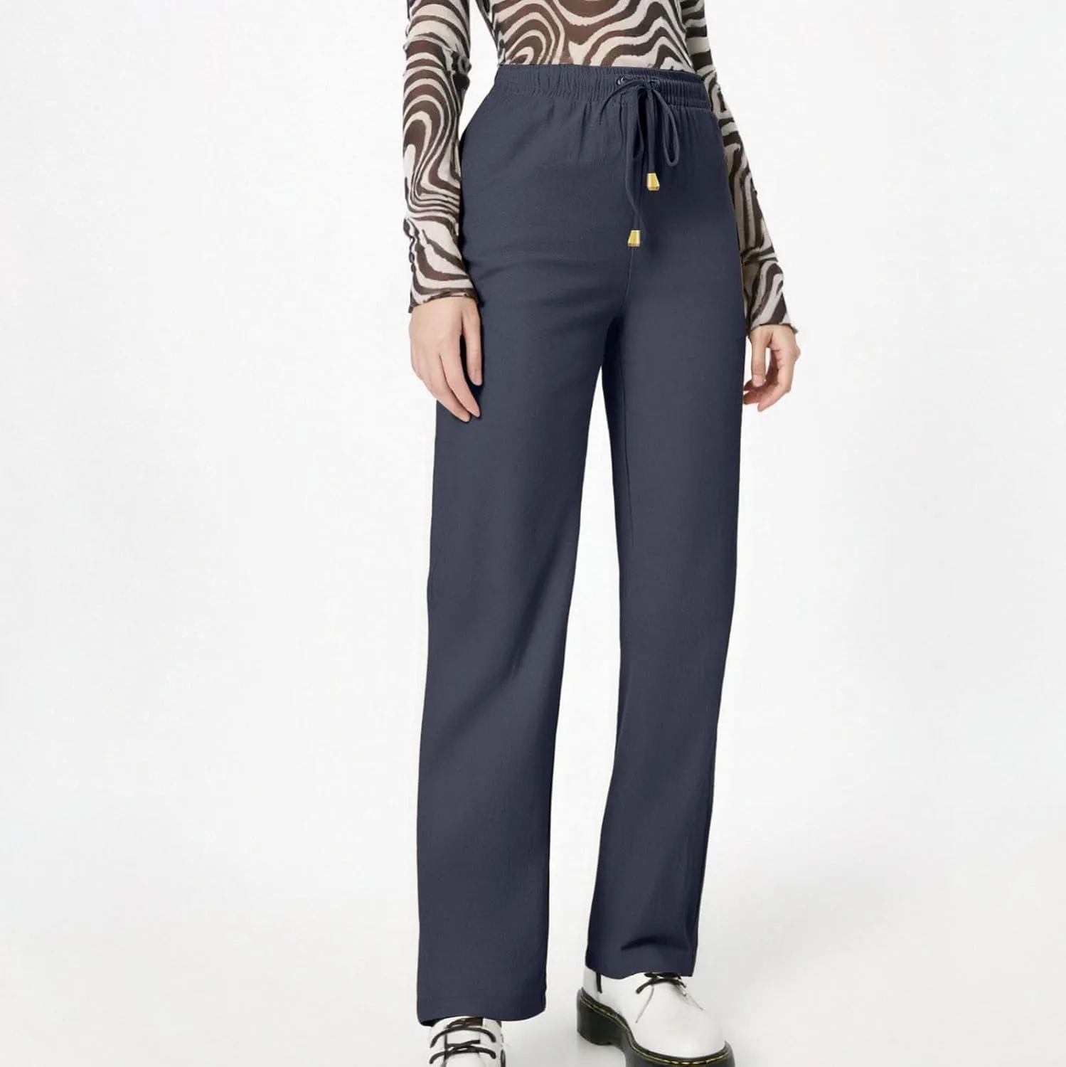 Женские брюки Wide Leg из льна для лета и пляжа, свободного кроя, с высокой посадкой, легкие, хлопок-лен, с карманами Generic, темно-синий — фото 4