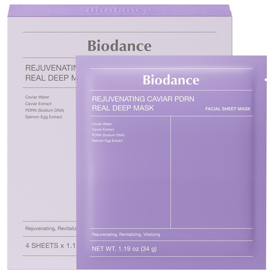

Омолаживающая маска для лица Rejuvenating Caviar PDRN Real Deep Mask - набор из 4 штук для естественного обновления и укрепления кожи. Biodance, 1.19 oz/34 g