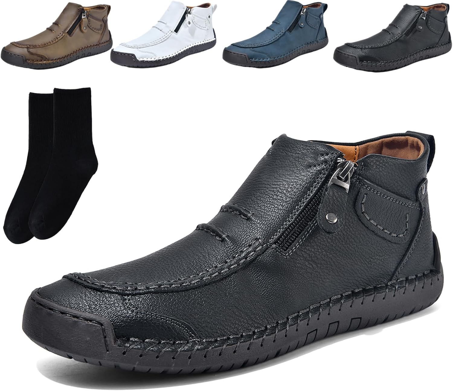 

Мужские ортопедические кожаные ботинки XYLAWAVE с боковой молнией, слипоны, ручная работа, винтажные мужские лоферы из искусственной кожи, обувь для вождения, повседневные удобные ботинки до щиколотки с противоскользящей подошвой, черный