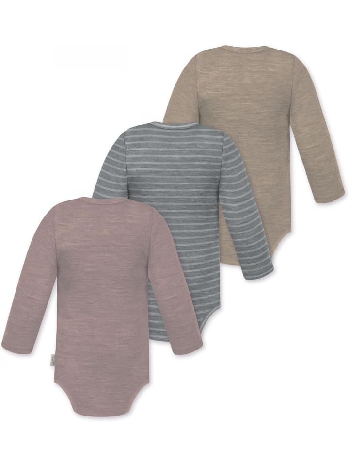 Normani Outdoor Sports Комплект из 3 детских боди с длинными рукавами из мериносовой шерсти "Туай" в бежево-серо-розовой расцветке — фото 2