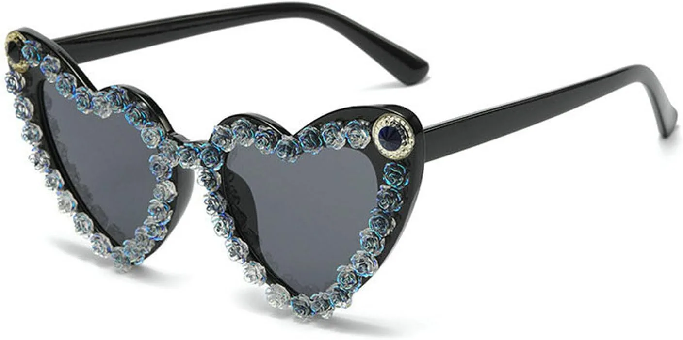 

Солнцезащитные очки COTIA в форме сердца, модные женские, с цветами, кристаллами, дизайном «Любовь, роза, бриллианты», милые очки для вечеринки, 2pcs Black+white